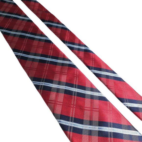 Nautica Red Blue Plaid Men Tie Navy White Stripes Polyester Classic Neckwear - Picture 2 of 6